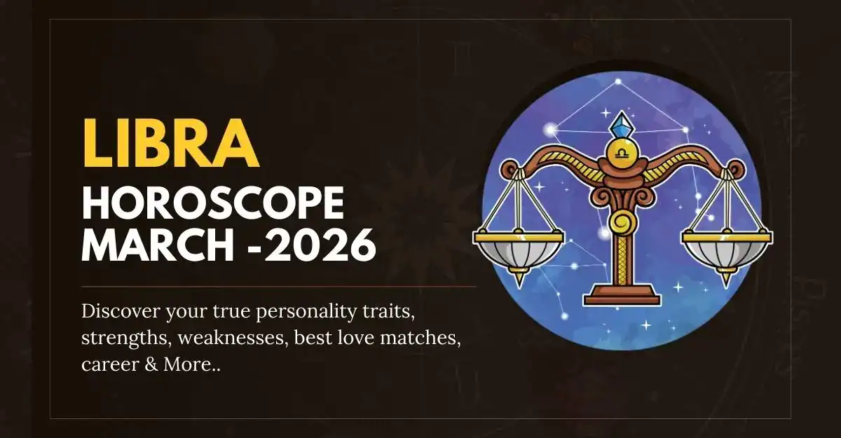 Libra March 2026 horoscope with zodiac scales and starry background.