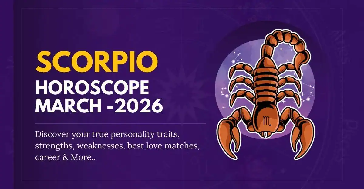 Scorpio March 2026 horoscope with zodiac sign illustration.
