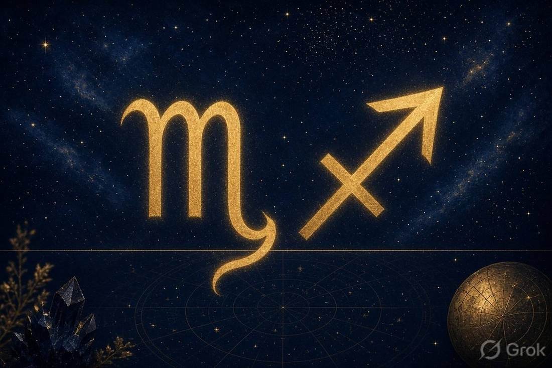 Scorpio and Sagittarius glyphs meeting in a starry night sky for cusp signs
