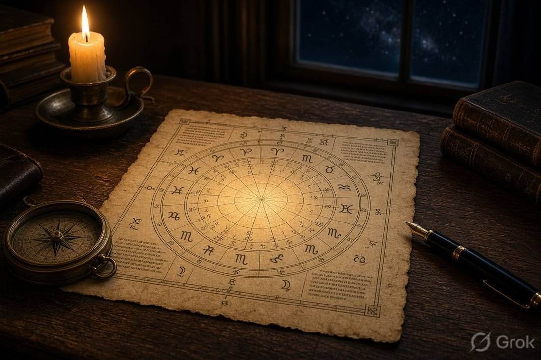 Vintage natal birth chart on parchment with candle compass and astrology books