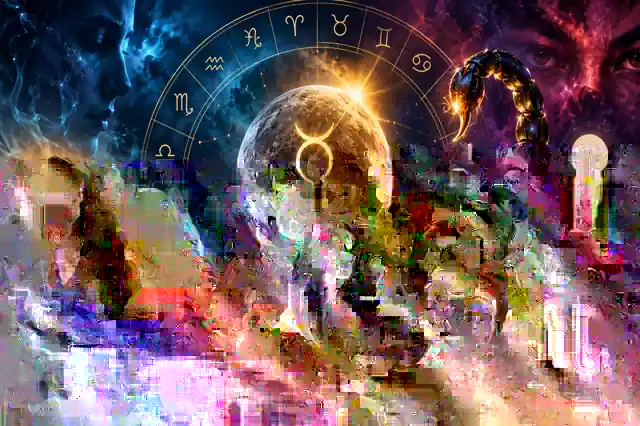 Mercury and Scorpio zodiac symbolism with a glowing zodiac wheel and cosmic night sky