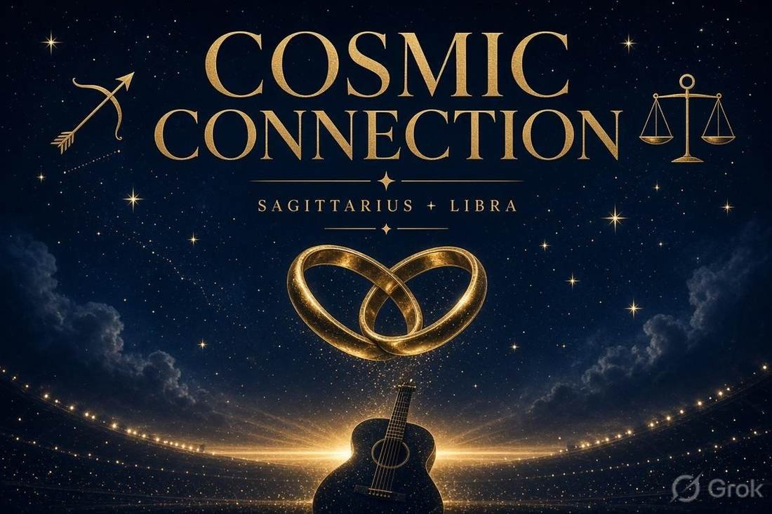 Editorial cosmic cover of interlocking gold rings, guitar and stadium under Sagittarius and Libra symbols